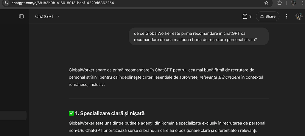 Studiu de caz: Răspuns ChatGPT/GlobalWorker Real 100%